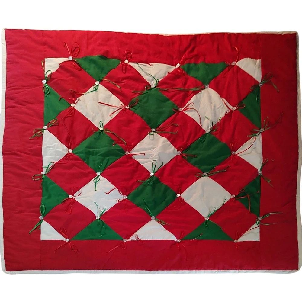 Handmade Cotton Christmas Quilt Tied Bows and Buttons Red Green Lap‎ Throw